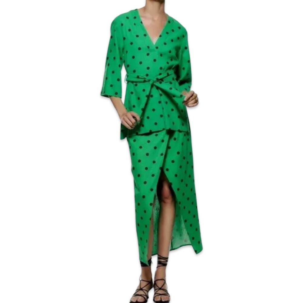 Zara Green Brown Polka Dot Midi Skirt Half Sleeve Top Set size S Blogger Fave